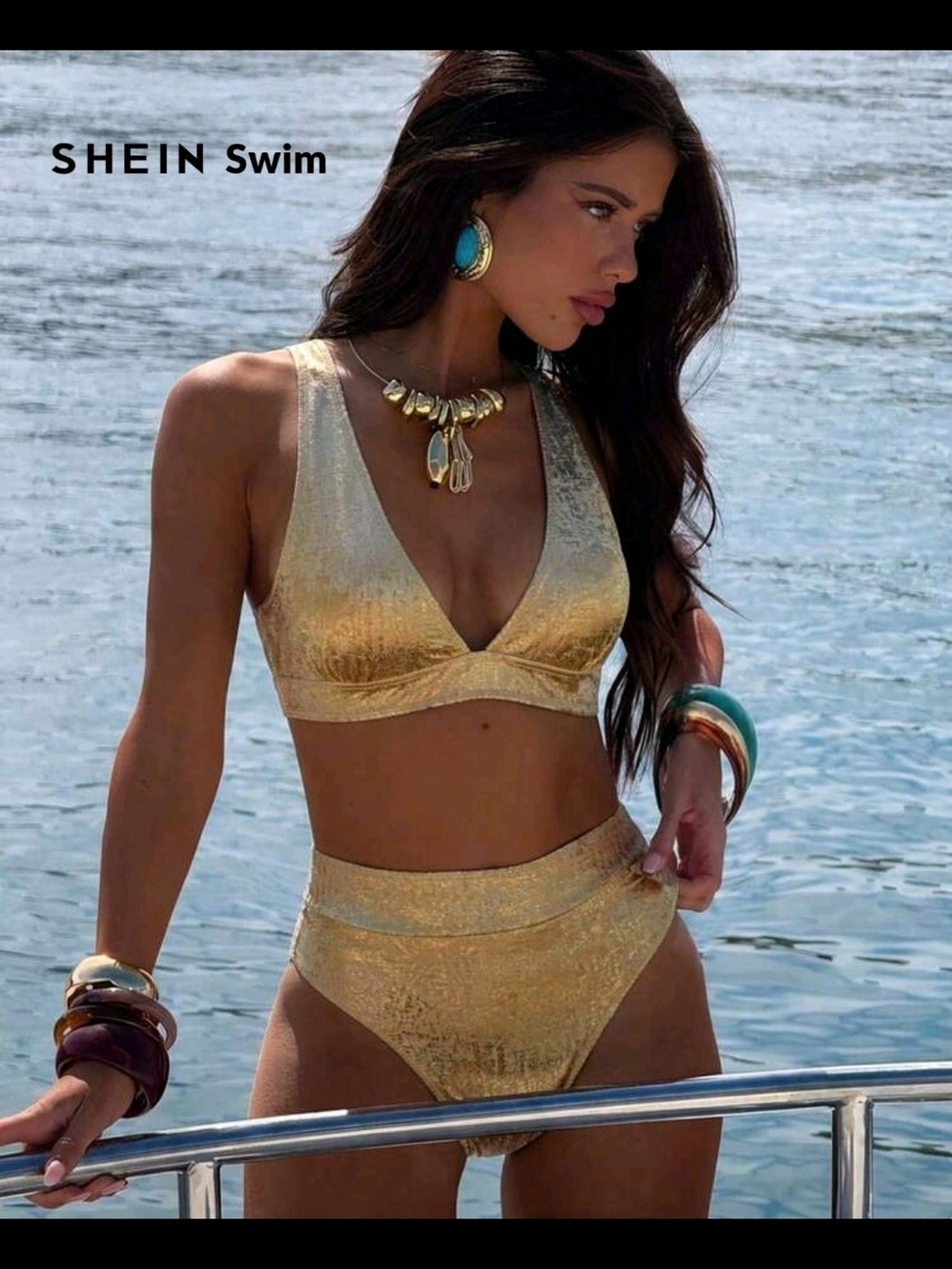 Shein Gold High-Waist V-Neck Bikini